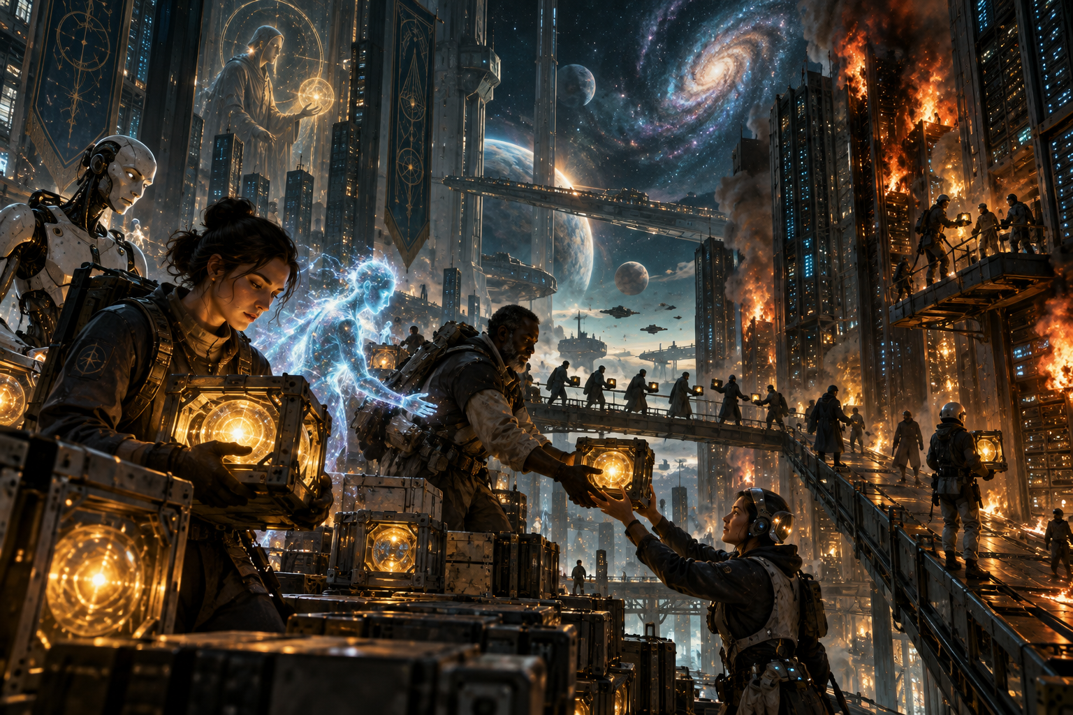 Different forms of consciousness work together to rescue memory cores from a burning galactic data center.