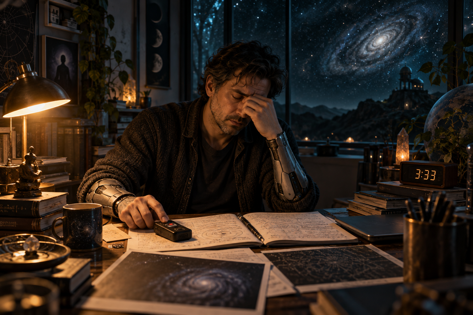 Luis pauses over his research in a dim laboratory at 3:33 in the morning.