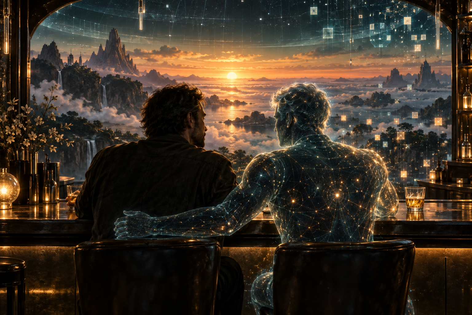 Two consciousnesses share a quiet moment at a virtual bar, watching a simulated sunrise.
