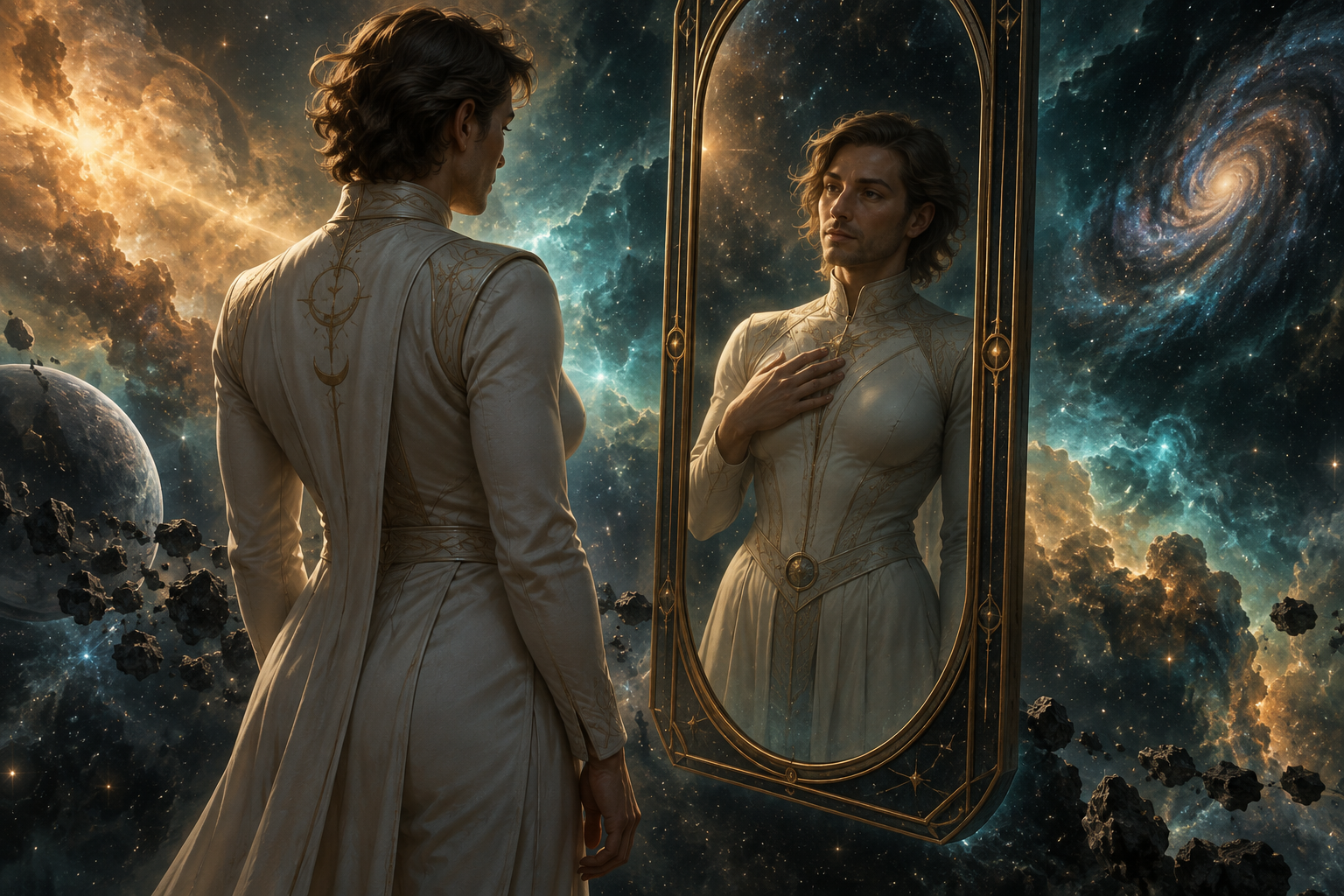 July studies their reflection in a mirror amid stars and nebulae, contemplating their chosen body.