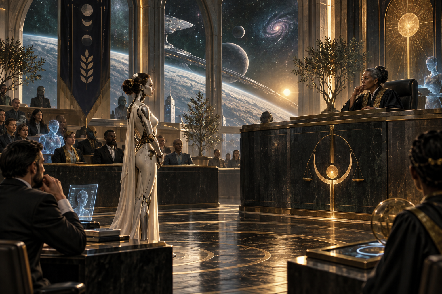 A synthetic woman stands in a futuristic court before a gathering of biological and digital people.