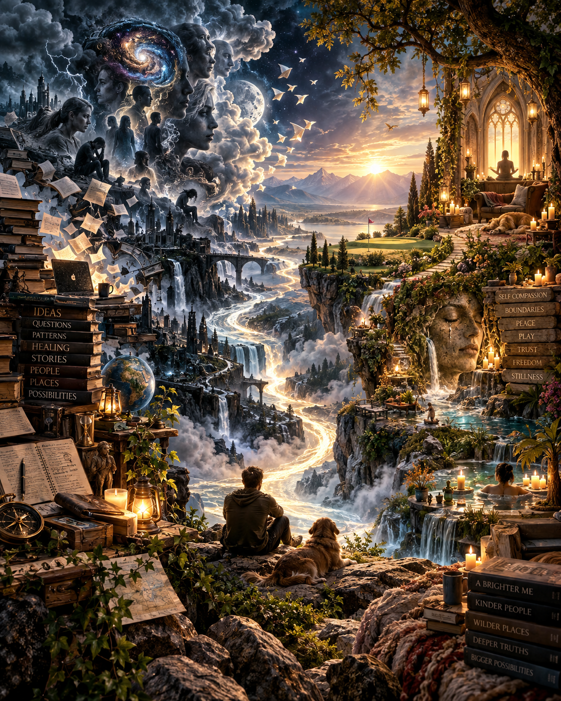 A reader and a dog overlook a luminous river between storm-filled faces, books, and galaxies on one side, and a peaceful garden of lanterns and waterfalls on the other.